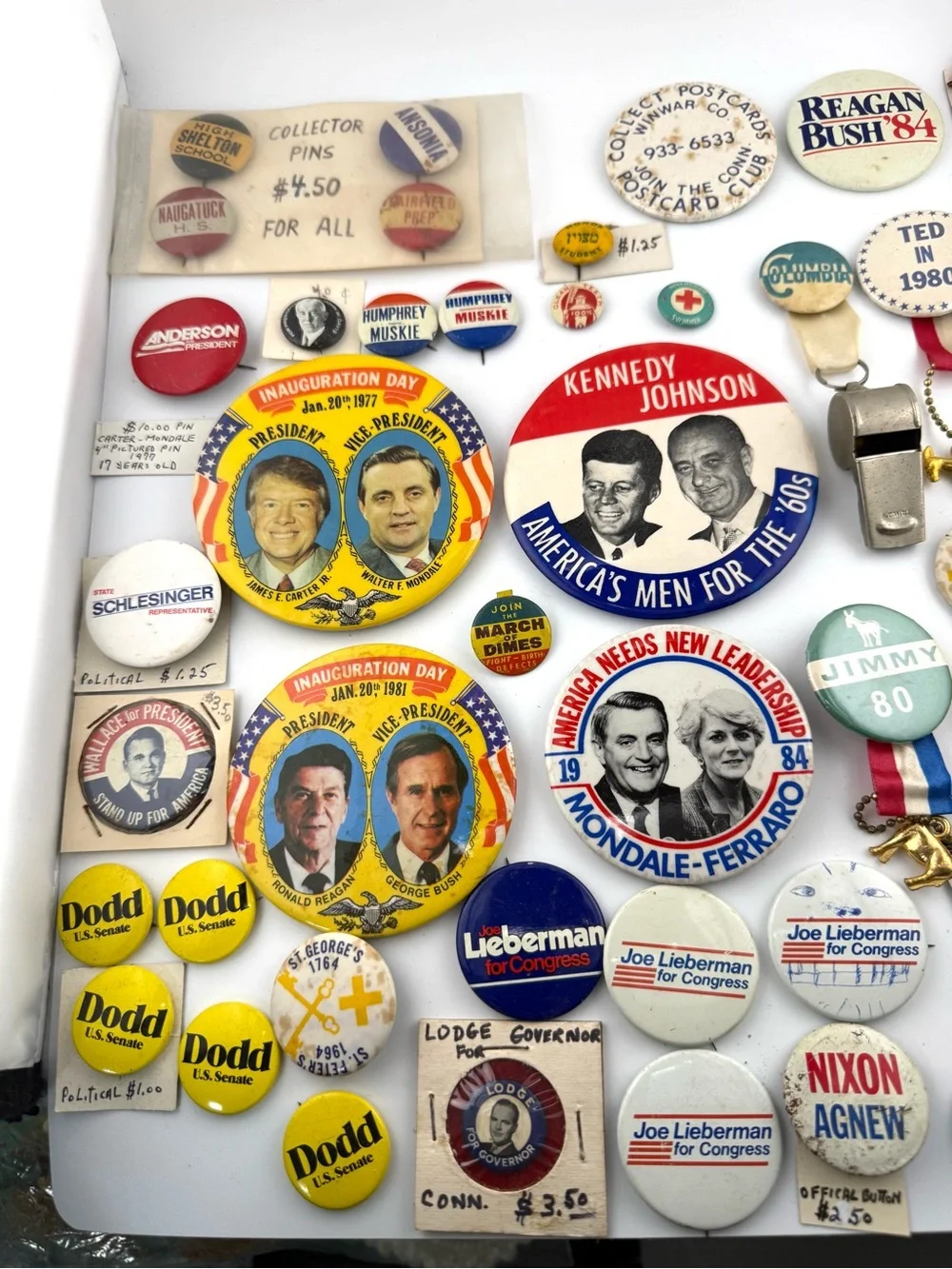 Vintage Political Campaign Button Lot 45+ Pins JFK Reagan Nixon Lieberman Dodd